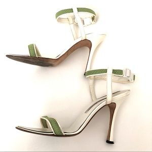 Manolo Blahnik White & Green Ankle Strap Sandals